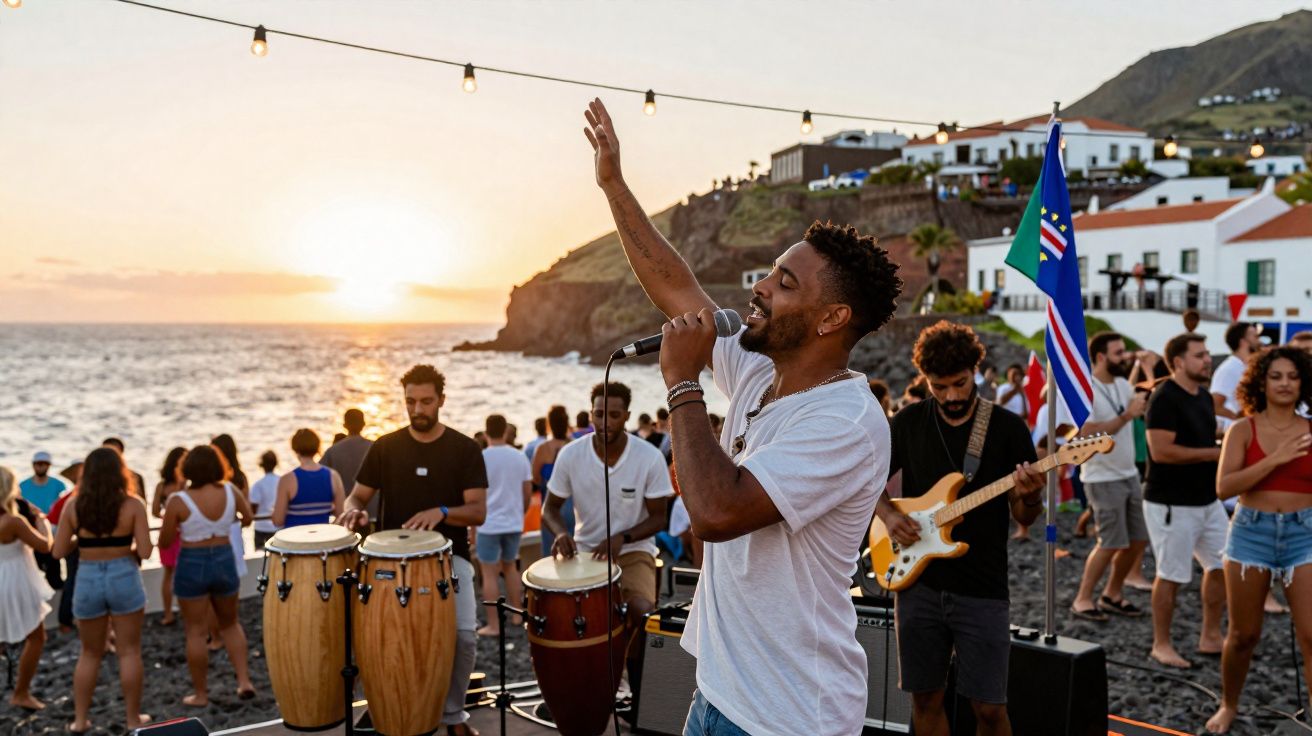 Homem a cantar com banda num concerto ao ar livre numa praia ao pôr do sol com espetadores.