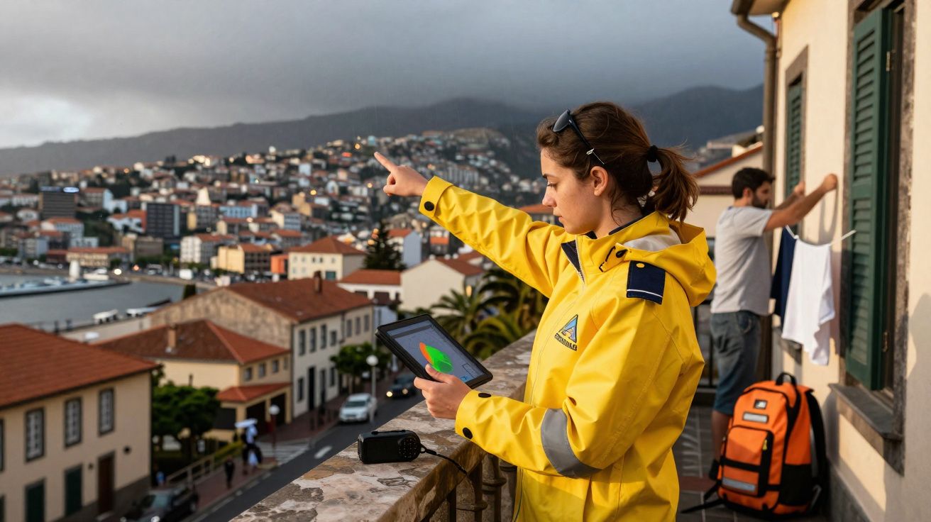 Mulher de amarelo com tablet aponta para paisagem urbana montanhosa, homem ao fundo pendura roupa numa varanda.