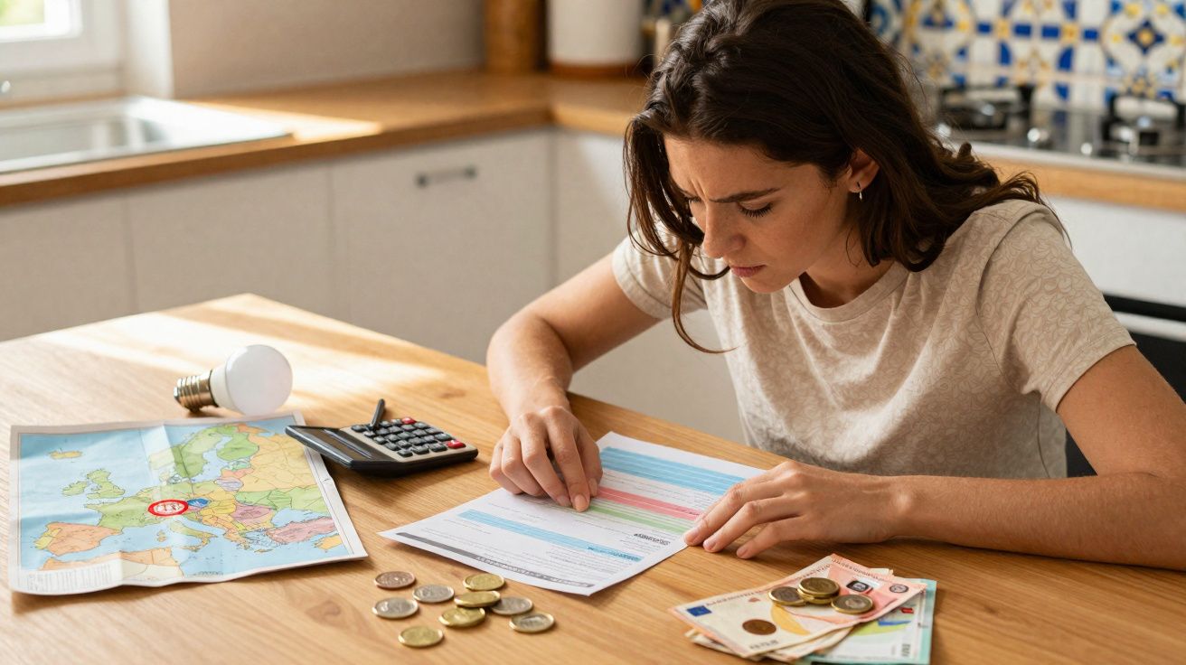 Mulher sentada à mesa a calcular despesas com moedas, notas, calculadora, documento e mapa da Europa.