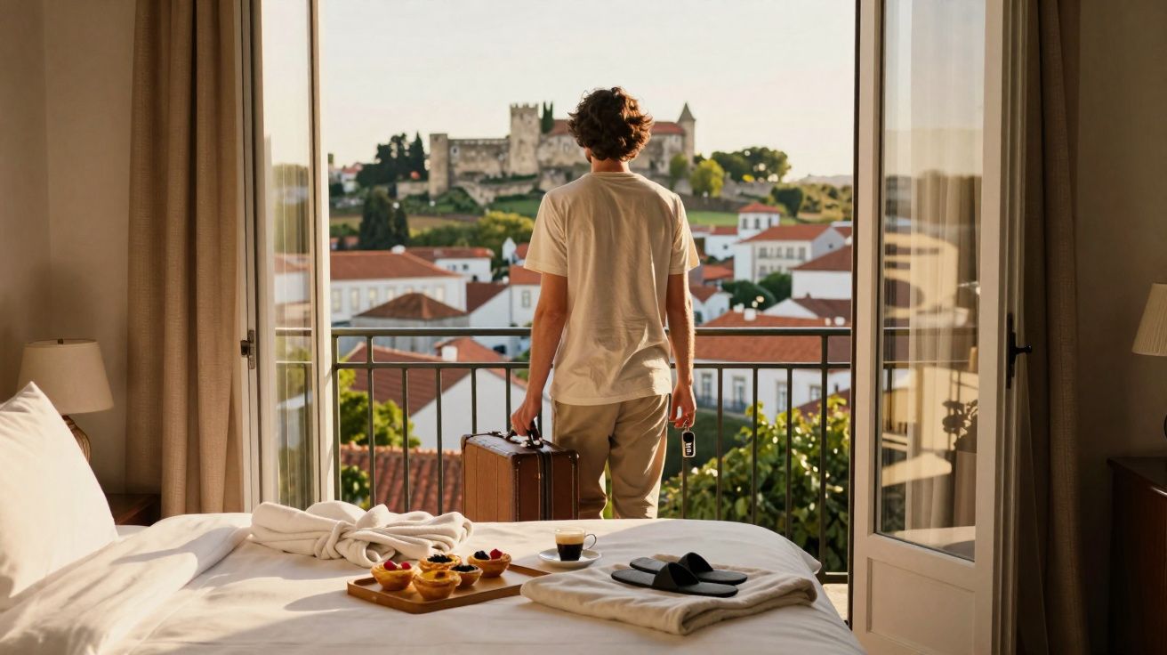 Homem de costas na varanda de um quarto com vista para castelo e cidade ao pôr do sol.