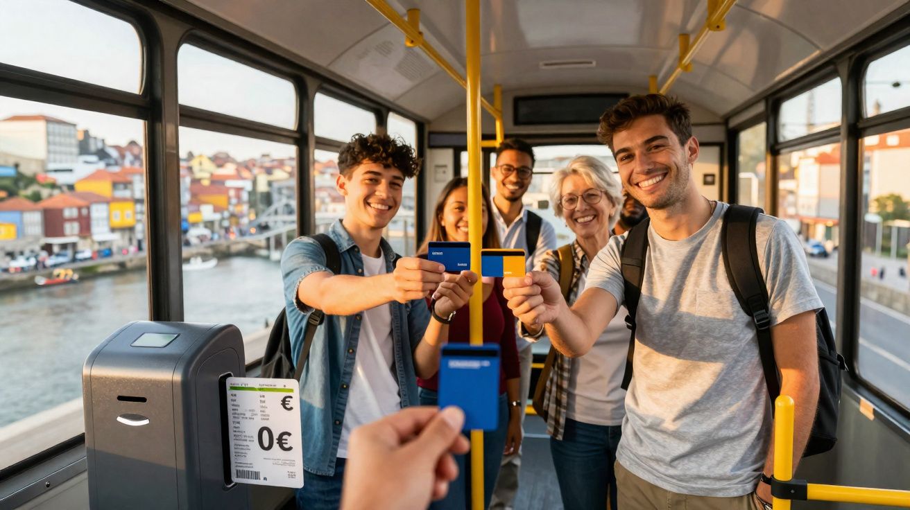 Grupo de cinco pessoas a sorrir e mostrar cartões no interior de um autocarro em ambiente urbano.