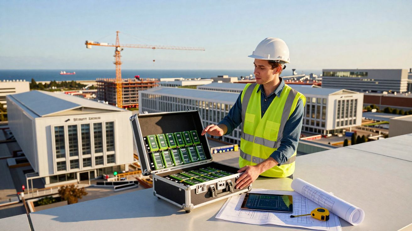 Engenheiro com colete e capacete verifica equipamentos numa mala num telhado com vista para obras e edifícios.