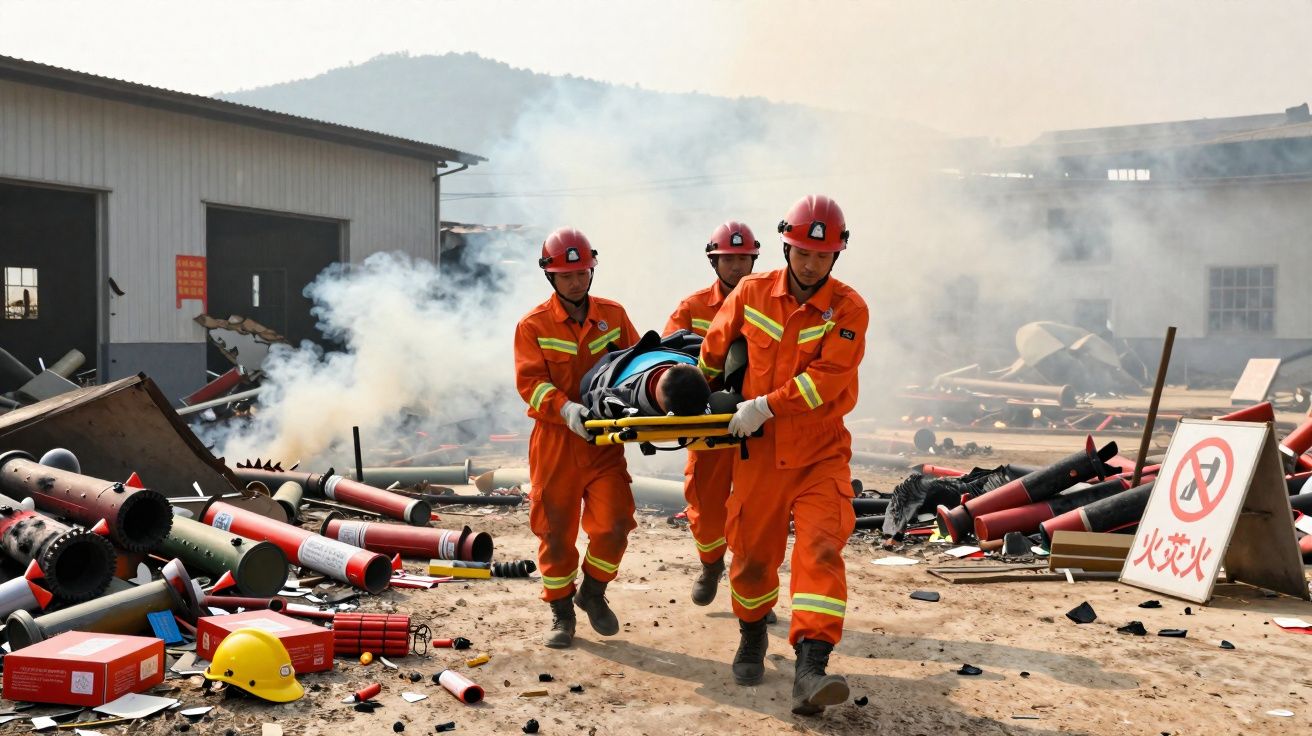 Três bombeiros de capacete vermelho e fato laranja evacuam vítima em maca num cenário industrial com fumo e destroços.