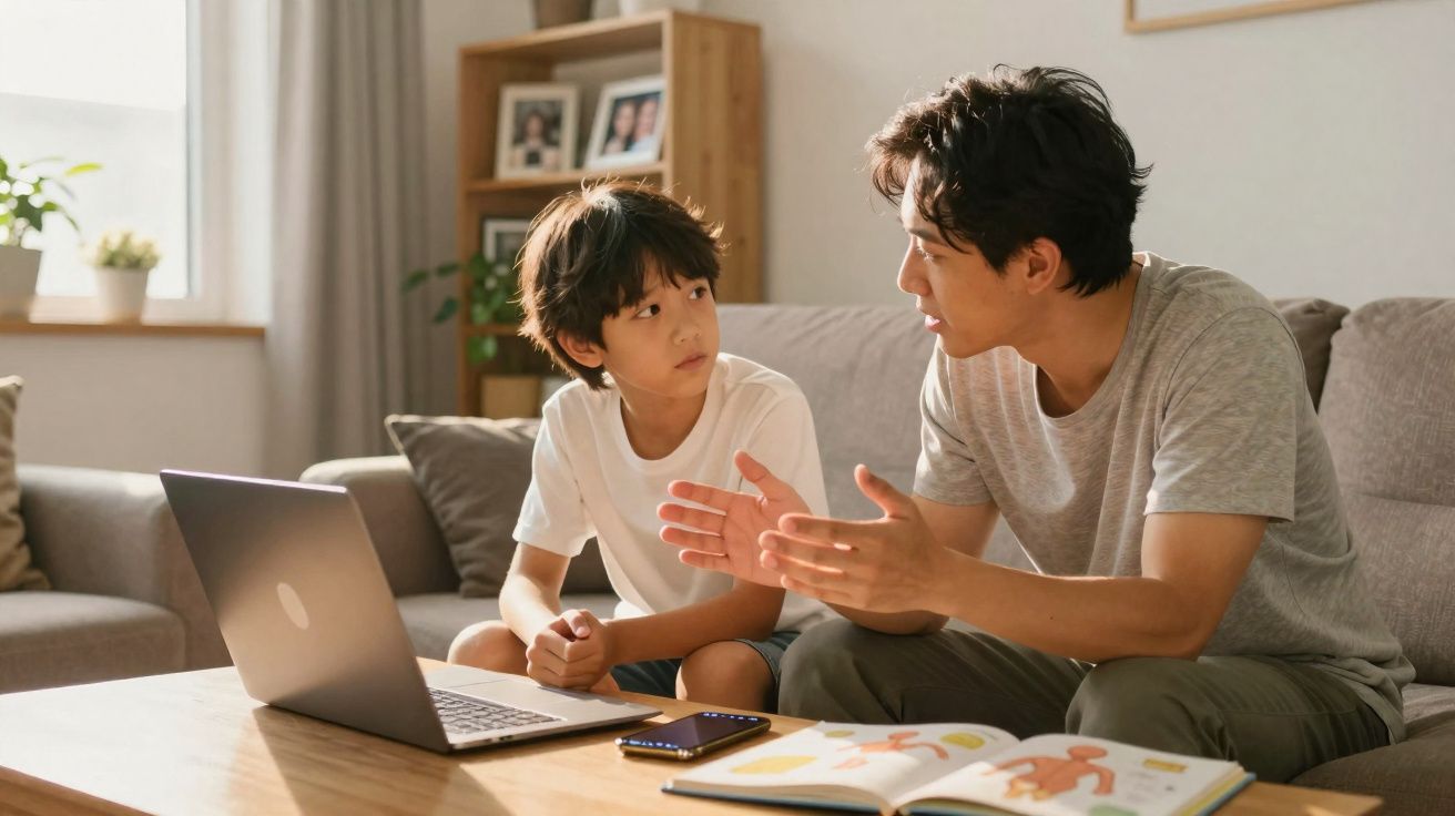 Pai e filho sentados no sofá a conversar, com portátil, livro e telemóvel na mesa à frente.