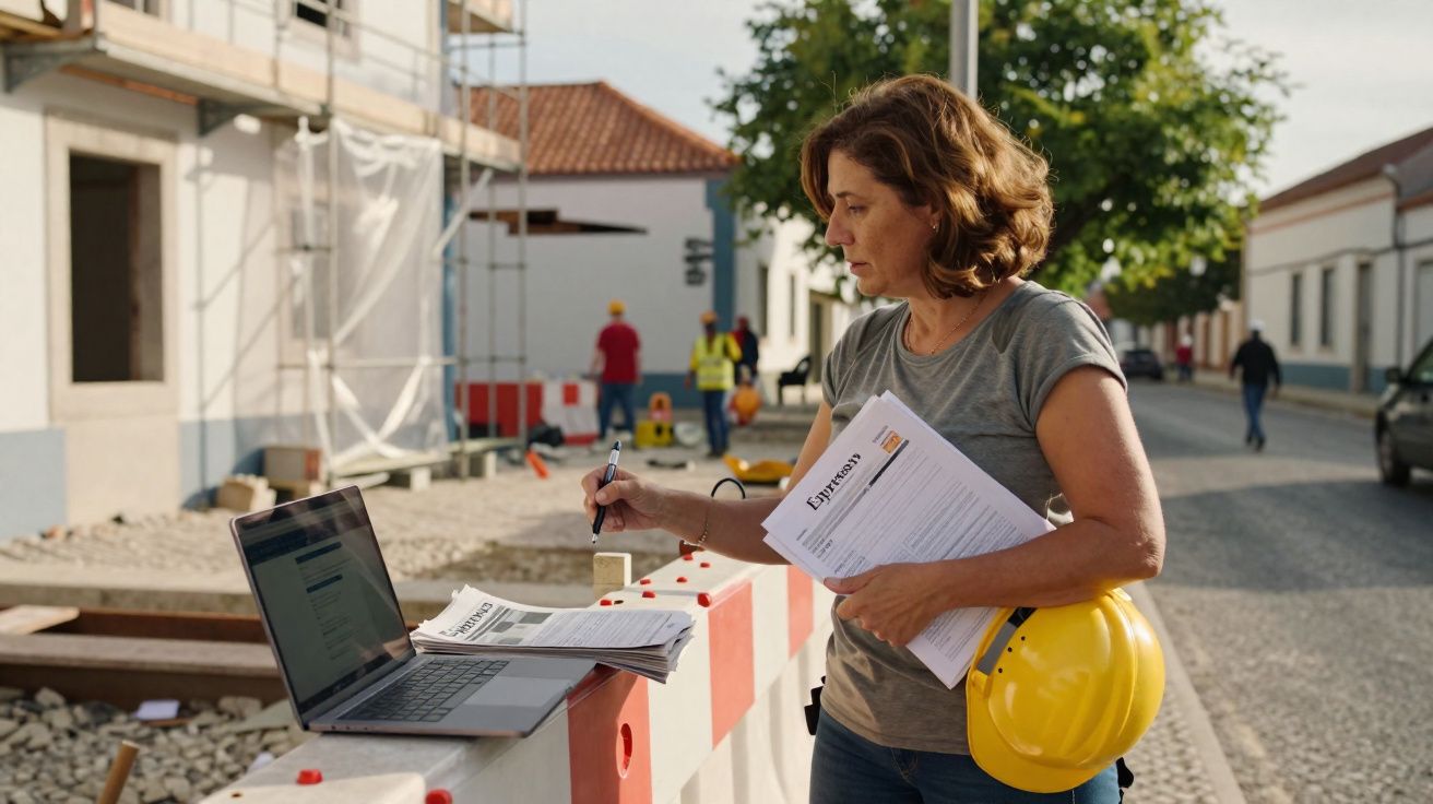 Mulher com capacete amarelo e documentos trabalhando com portátil numa obra urbana ao ar livre.