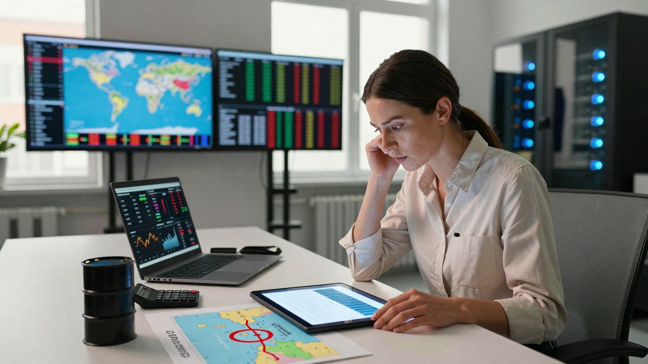 Mulher analisa dados financeiros e mapas numa tablet, computador portátil e monitores num escritório moderno.