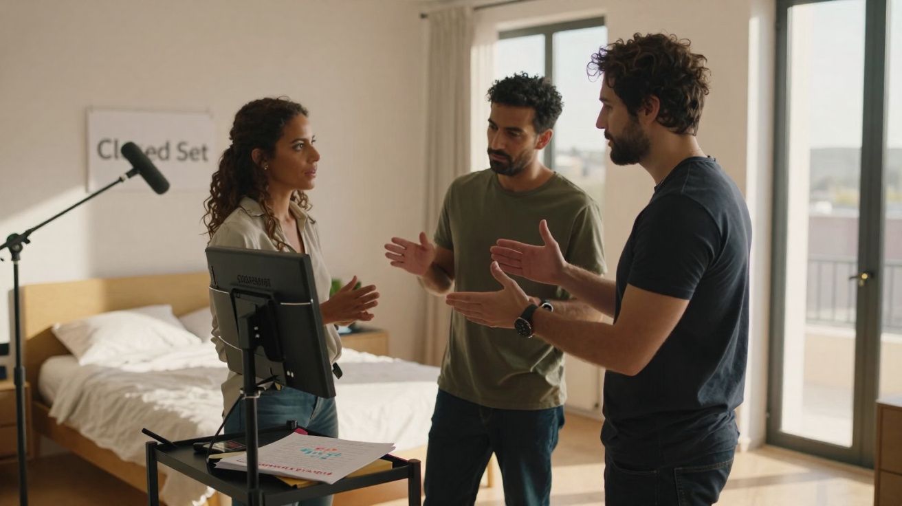 Três pessoas discutem ao lado de equipamento de gravação em quarto com cama e grande janela.