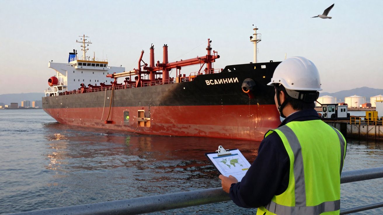 Homem com colete e capacete observa navio cargueiro atracado no porto ao pôr do sol.