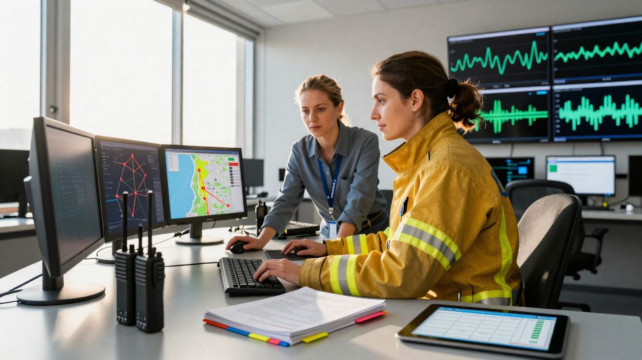 Duas mulheres a monitorizar mapas e dados em múltiplos ecrãs num centro de operações de emergência.