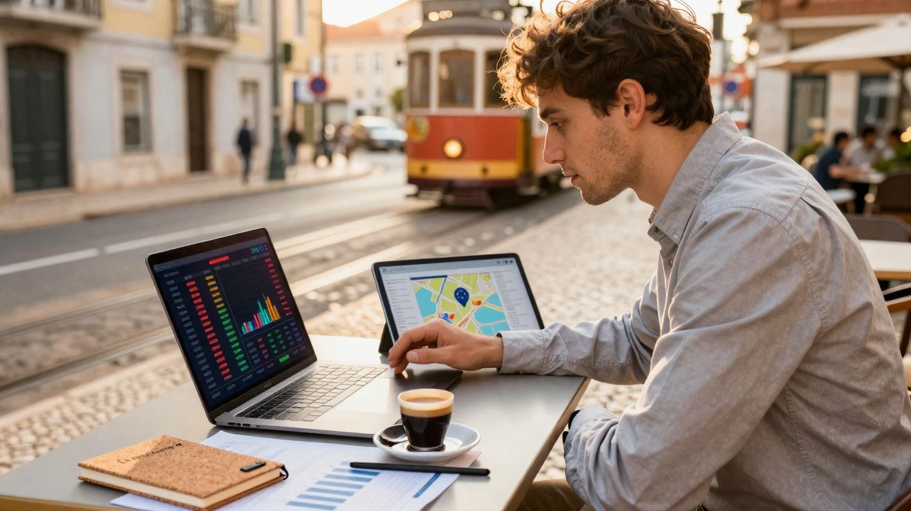 Homem a trabalhar com portátil e tablet numa esplanada, com um elétrico a passar ao fundo.