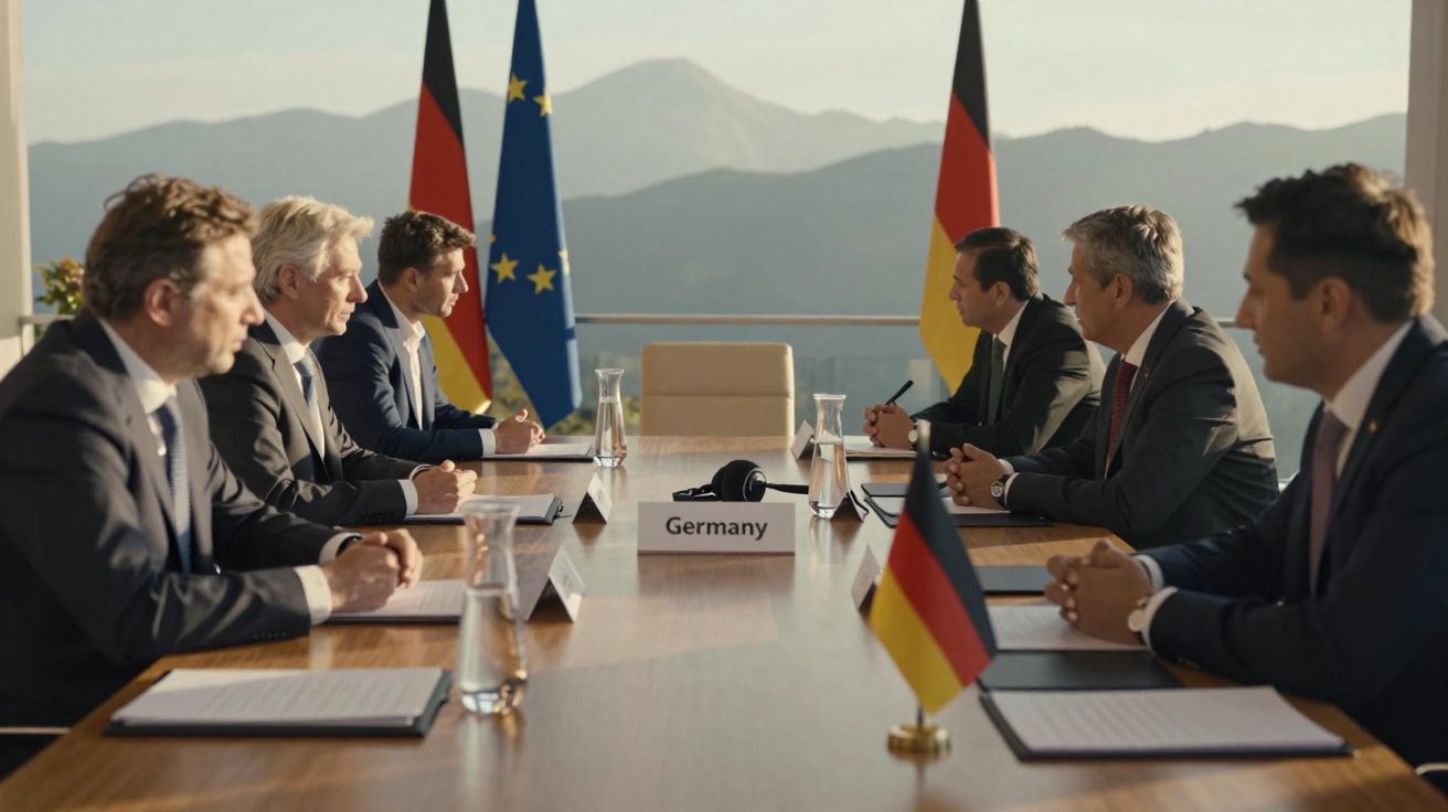 Reunião diplomática com seis homens de fato sentados à mesa com bandeiras da Alemanha e da União Europeia ao fundo.