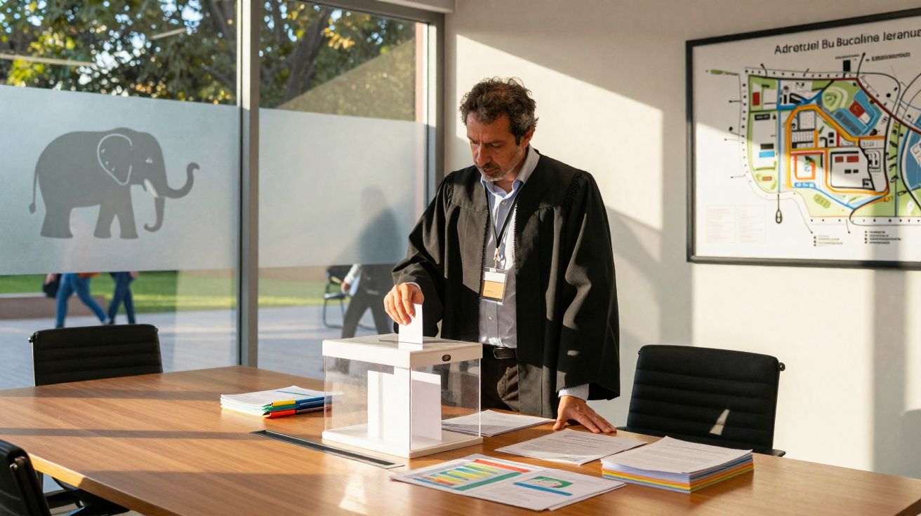 Homem com bata formal a votar numa urna transparente numa sala iluminada com mapas na parede.