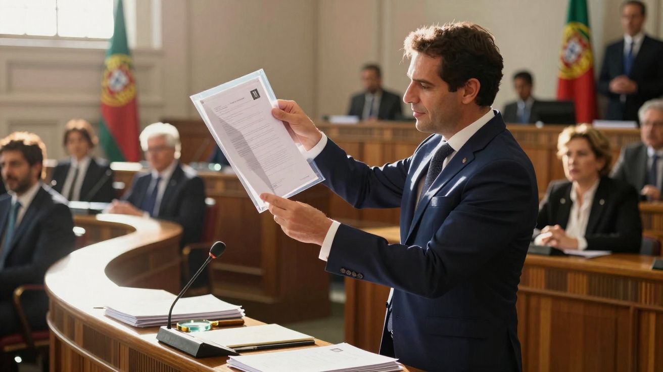 Homem em fato azul apresenta documento numa reunião formal com bandeira de Portugal ao fundo.