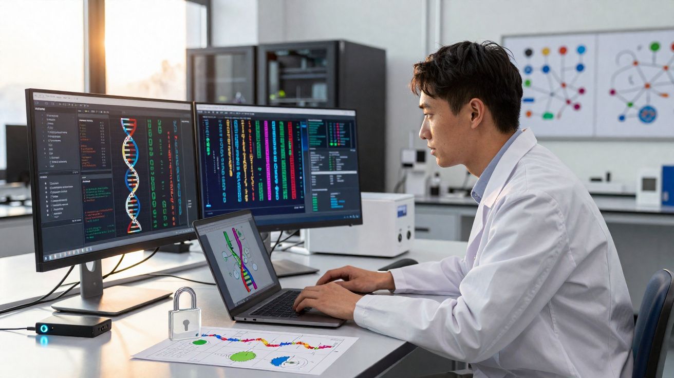 Homem de bata branca a analisar dados genéticos em computador e monitores num laboratório moderno.