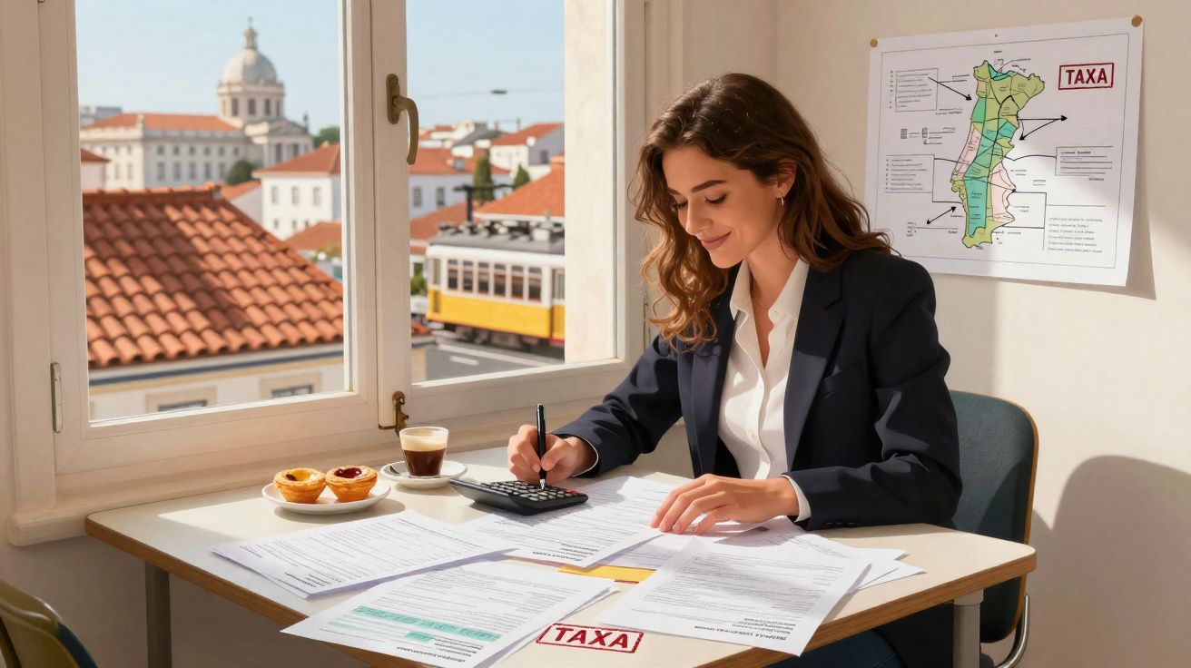 Mulher a calcular documentos fiscais numa mesa junto a uma janela com vista para eléctricos em Lisboa.