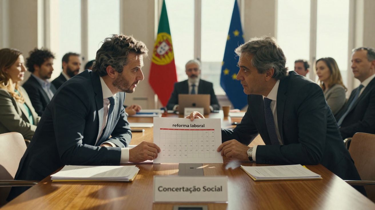 Dois homens de fato debatem reforma laboral em reunião à mesa com bandeiras de Portugal e UE ao fundo.