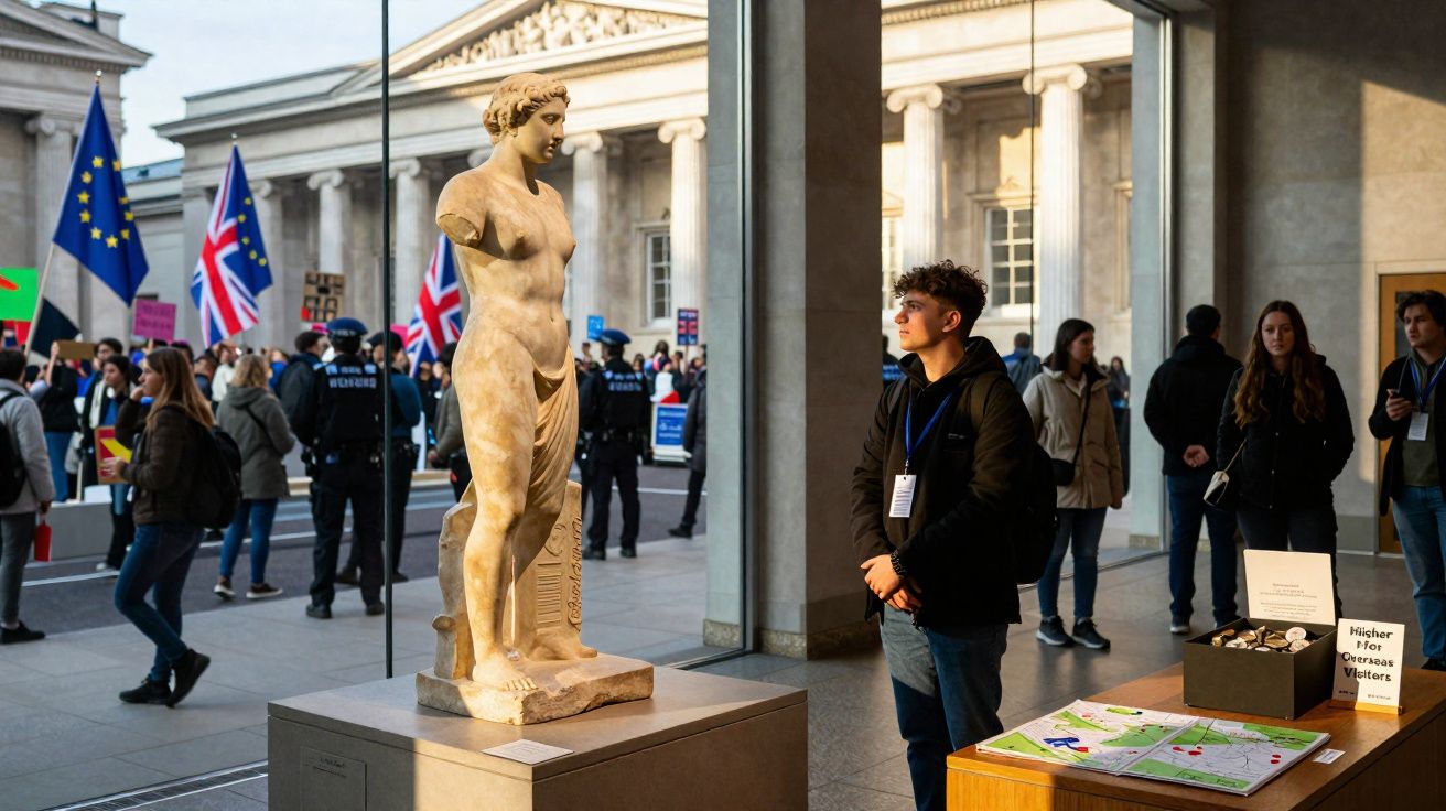 Jovem observa uma estátua clássica dentro de museu com protesto visível do lado de fora.