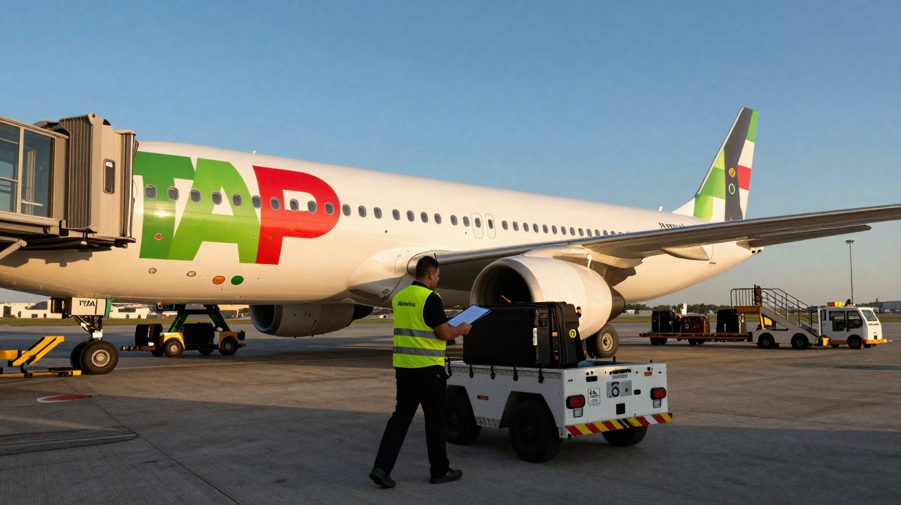 Funcionário do aeroporto com colete amarelo operador remova bagagem perto de avião TAP na pista ao pôr do sol.