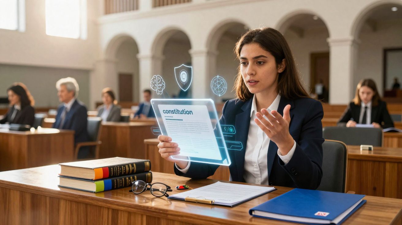 Jovem advogada em tribunal analisando documento digital de constituição com livros e pastas.