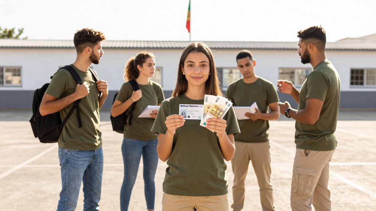 Grupo de jovens em uniforme militar, uma rapariga segura documentos e dinheiro com bandeira de Portugal ao fundo.
