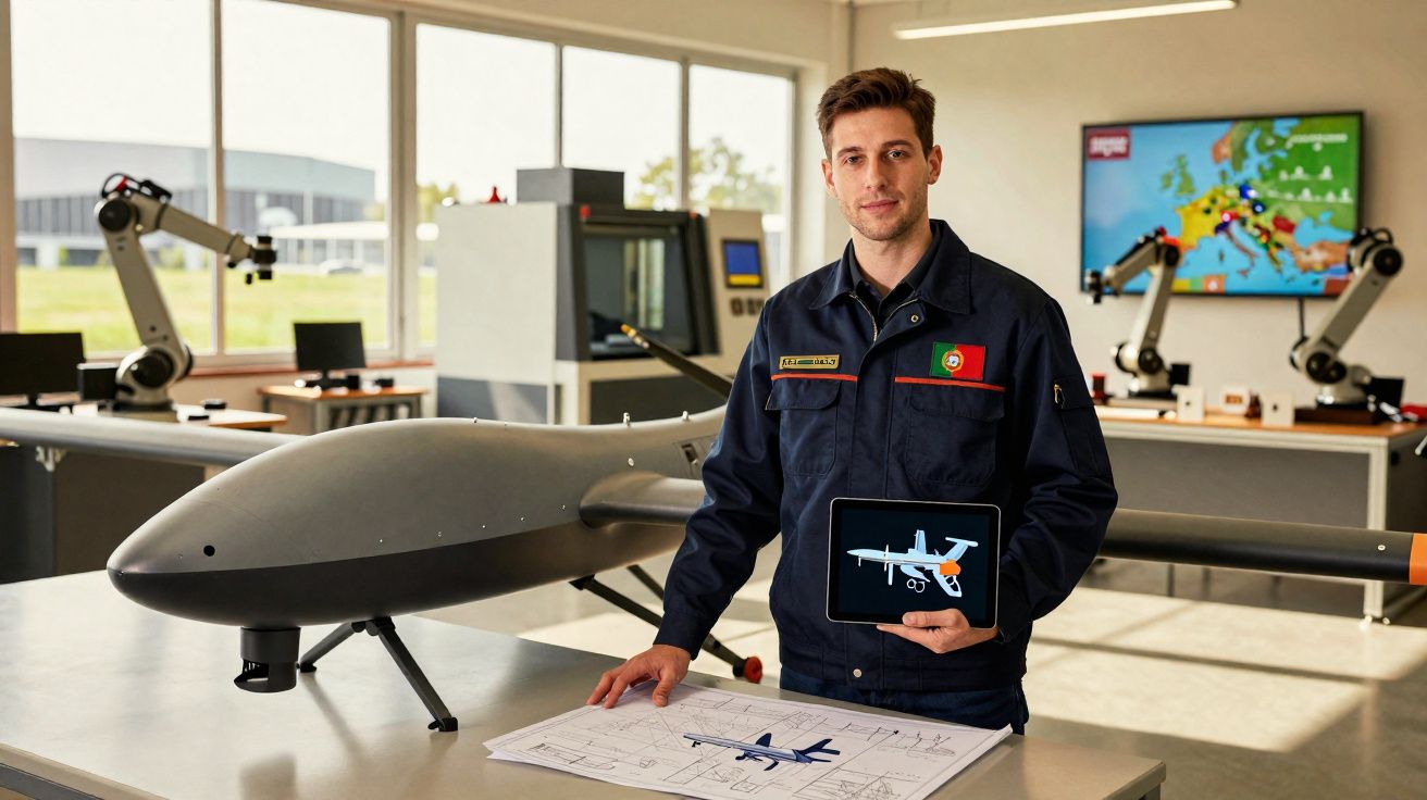Homem com farda portuguesa mostra projeto digital e esquemas de drone em laboratório de tecnologia.
