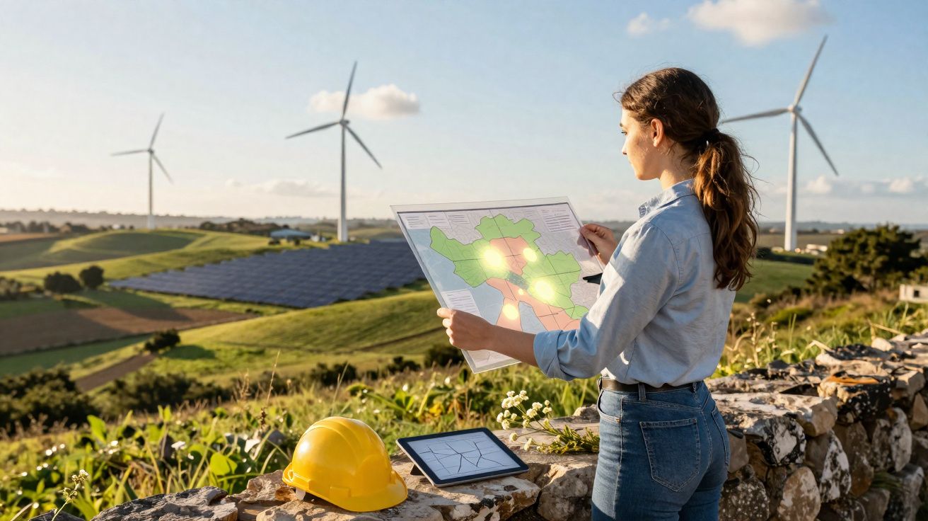 Mulher jovem com mapa à frente de turbinas eólicas e painéis solares numa paisagem rural.