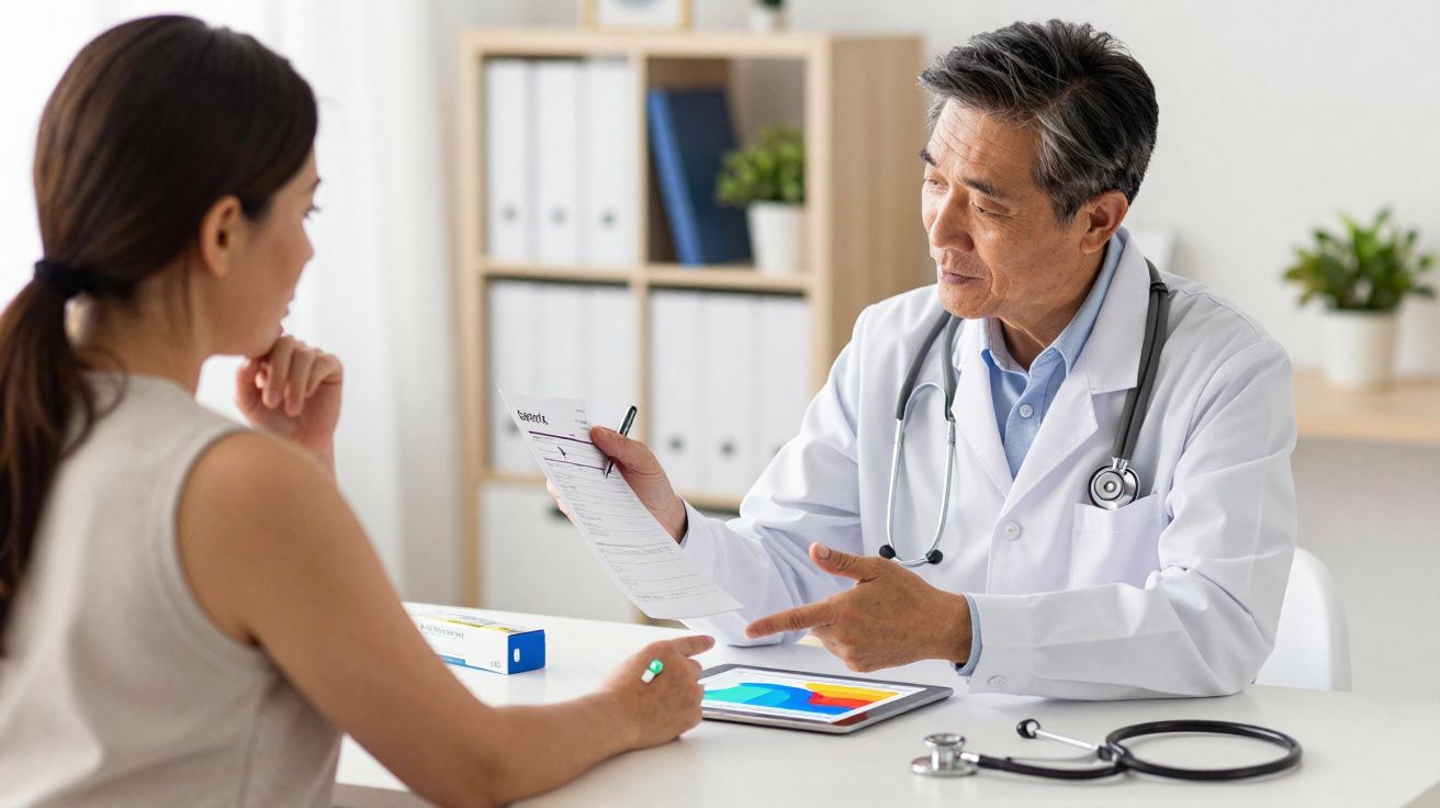 Médico a explicar receita médica a paciente numa consulta num consultório moderno e iluminado.