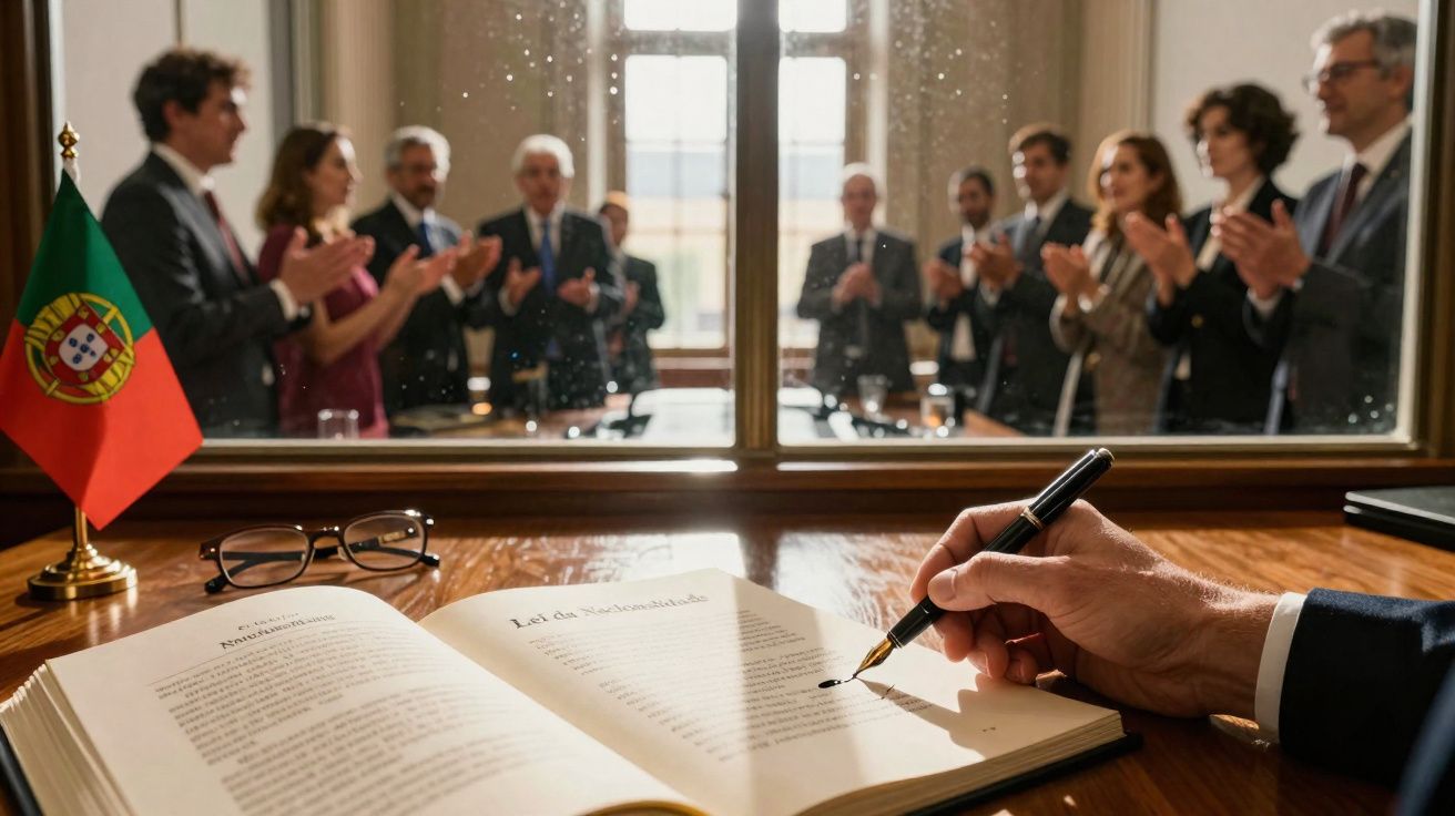 Pessoa a assinar documento oficial numa mesa com bandeira de Portugal e pessoas a aplaudir ao fundo.