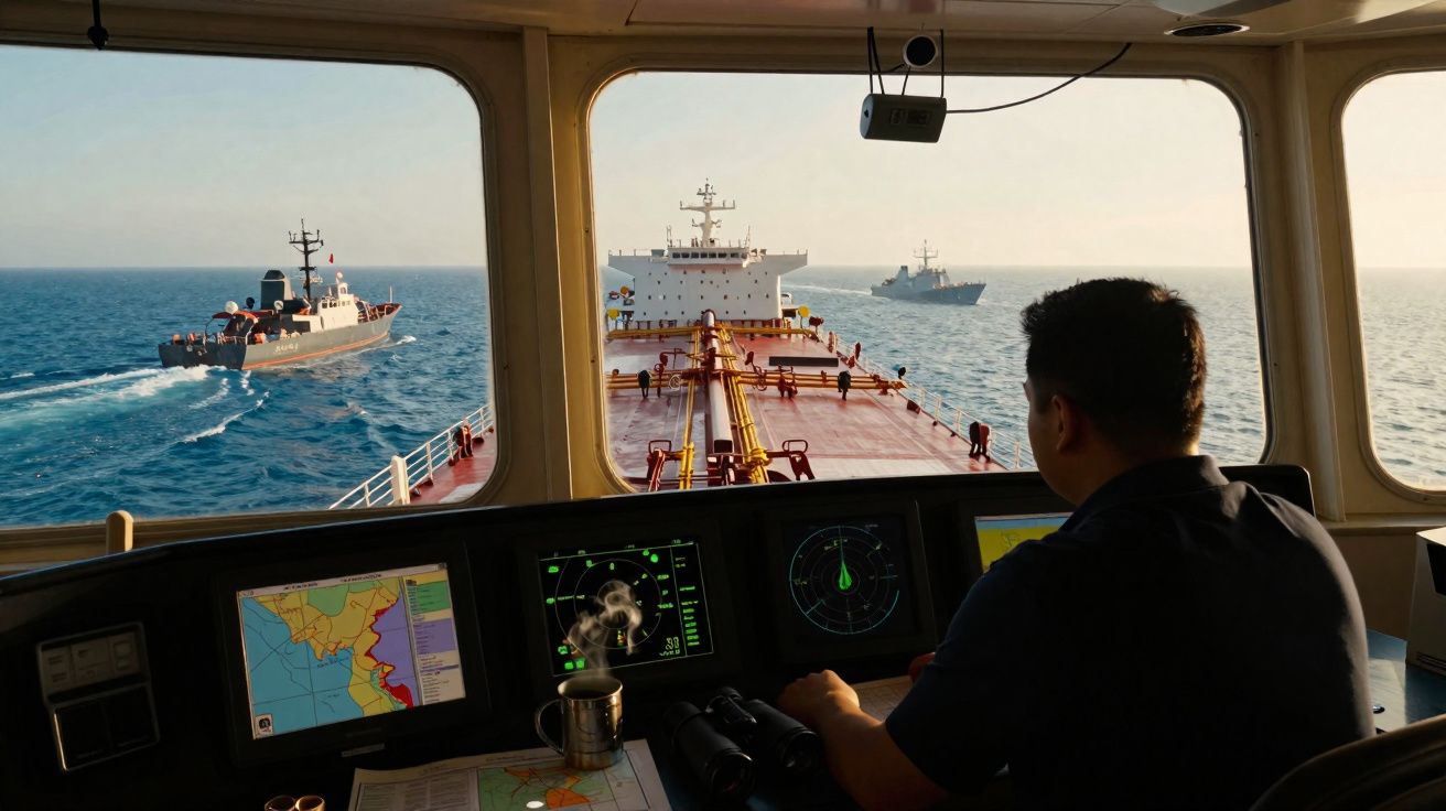 Homem a controlar a ponte de comando de um navio com dois barcos militares a navegar próximo em mar calmo.