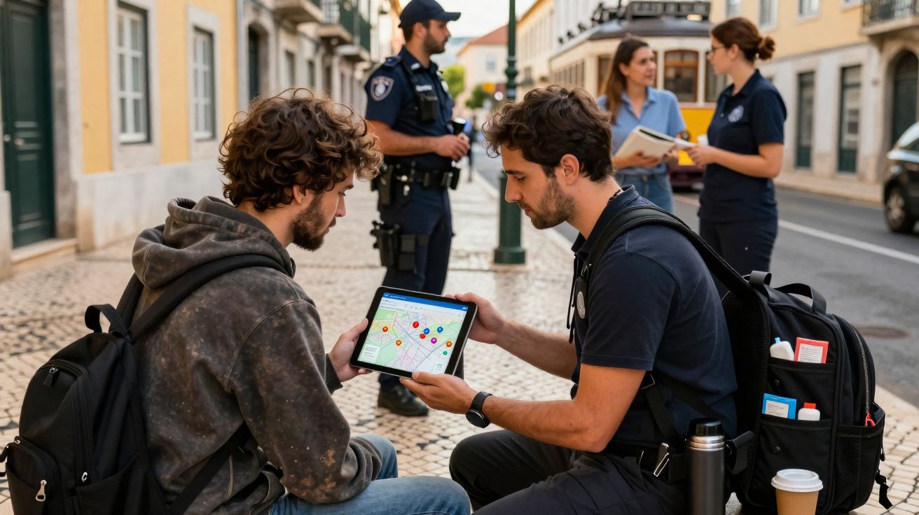 Homem com mochila mostra mapa num tablet a jovem sentado numa rua com polícias e transeuntes ao fundo.