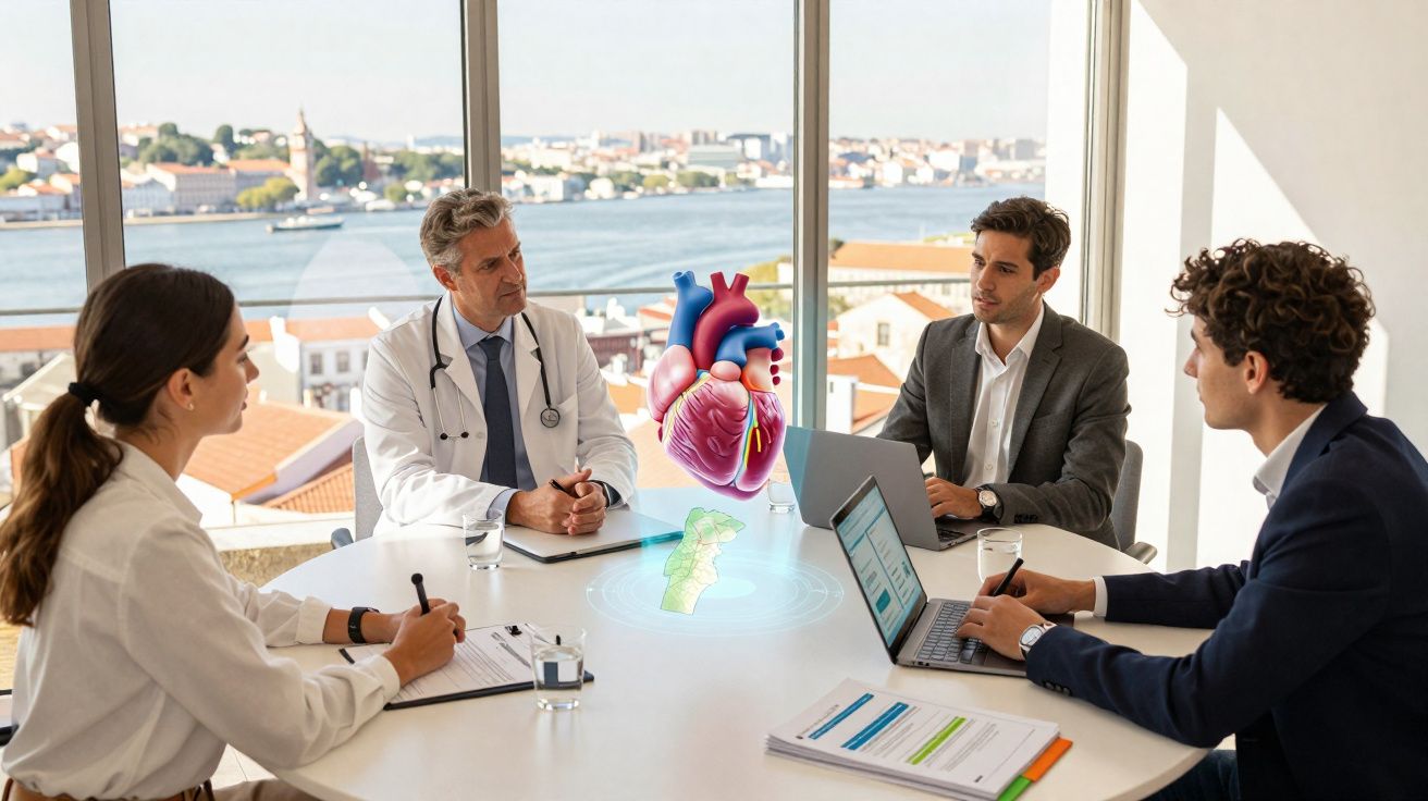 Quatro profissionais numa reunião com visualização holográfica 3D de um coração humano numa sala iluminada.