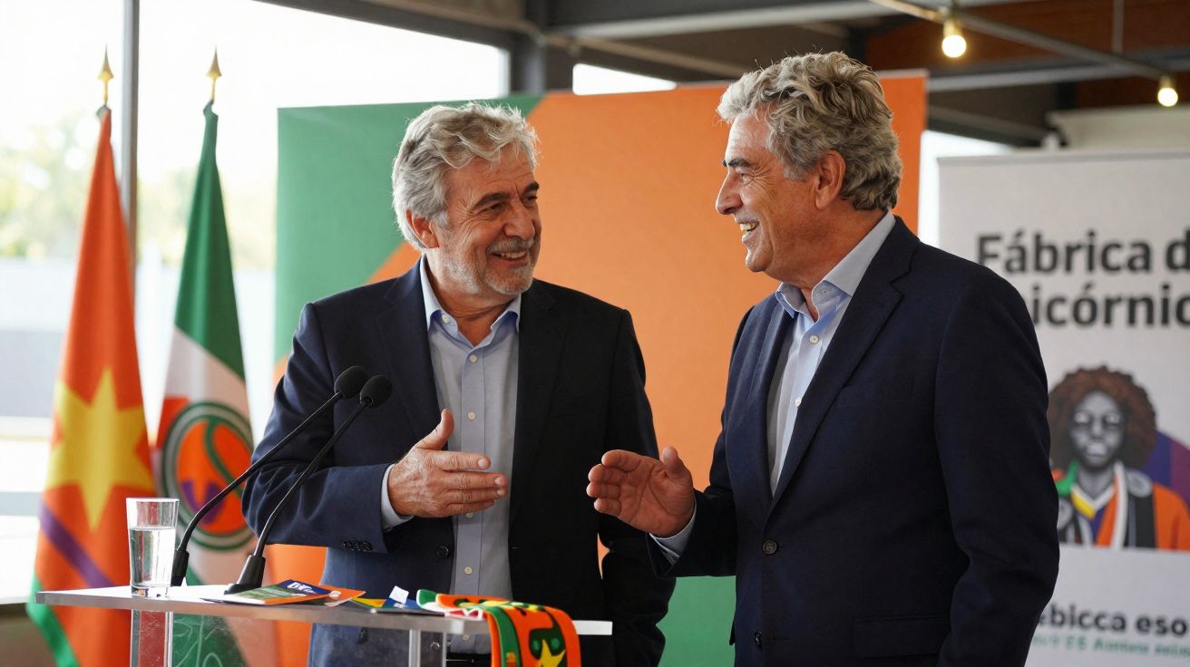 Dois homens em fato conversam e sorriem durante evento, com bandeiras ao fundo.
