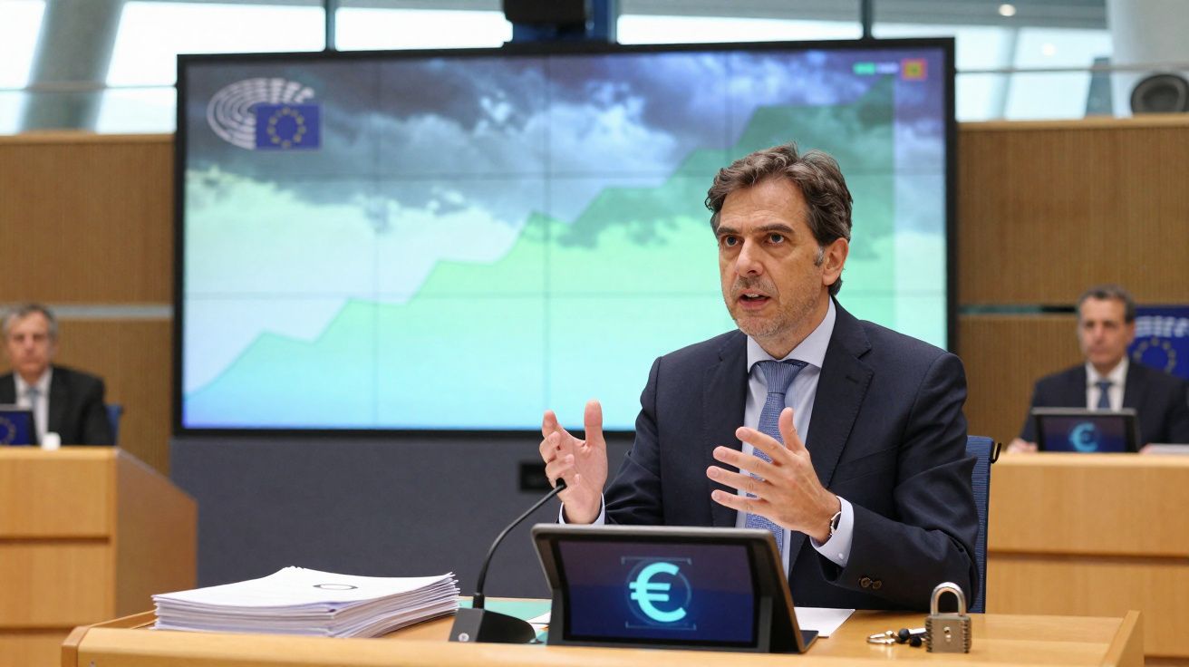 Homem de fato azul fala numa conferência com gráficos e símbolo do euro em ecrãs atrás dele.