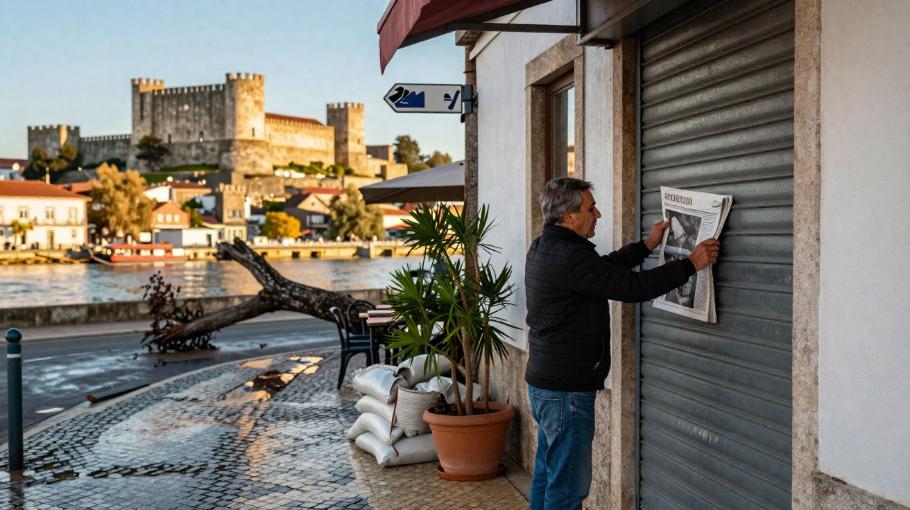 Homem a colocar jornal numa porta metálica fechada junto a rio com castelo ao fundo ao pôr do sol.