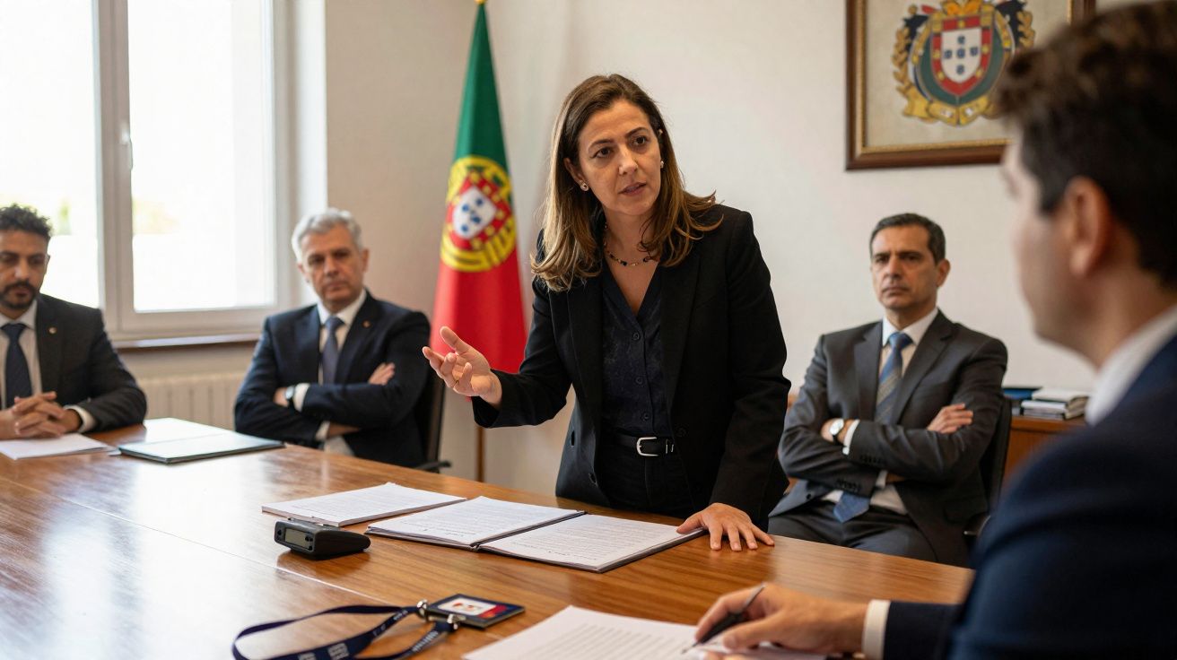 Reunião formal com cinco pessoas numa sala, com bandeira de Portugal e brasão na parede.