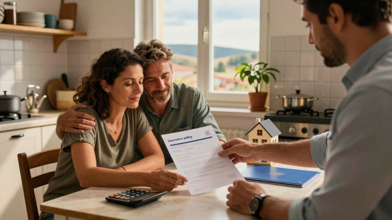Casal sentado à mesa a analisar uma apólice de seguro entregue por um agente imobiliário numa cozinha iluminada.