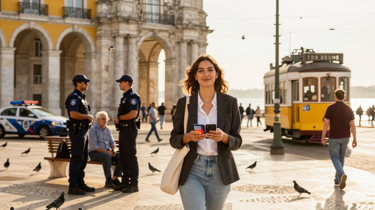 Mulher sorridente a caminhar na rua com telemóvel, elétrico amarelo ao fundo e polícia junto a banco de praça.