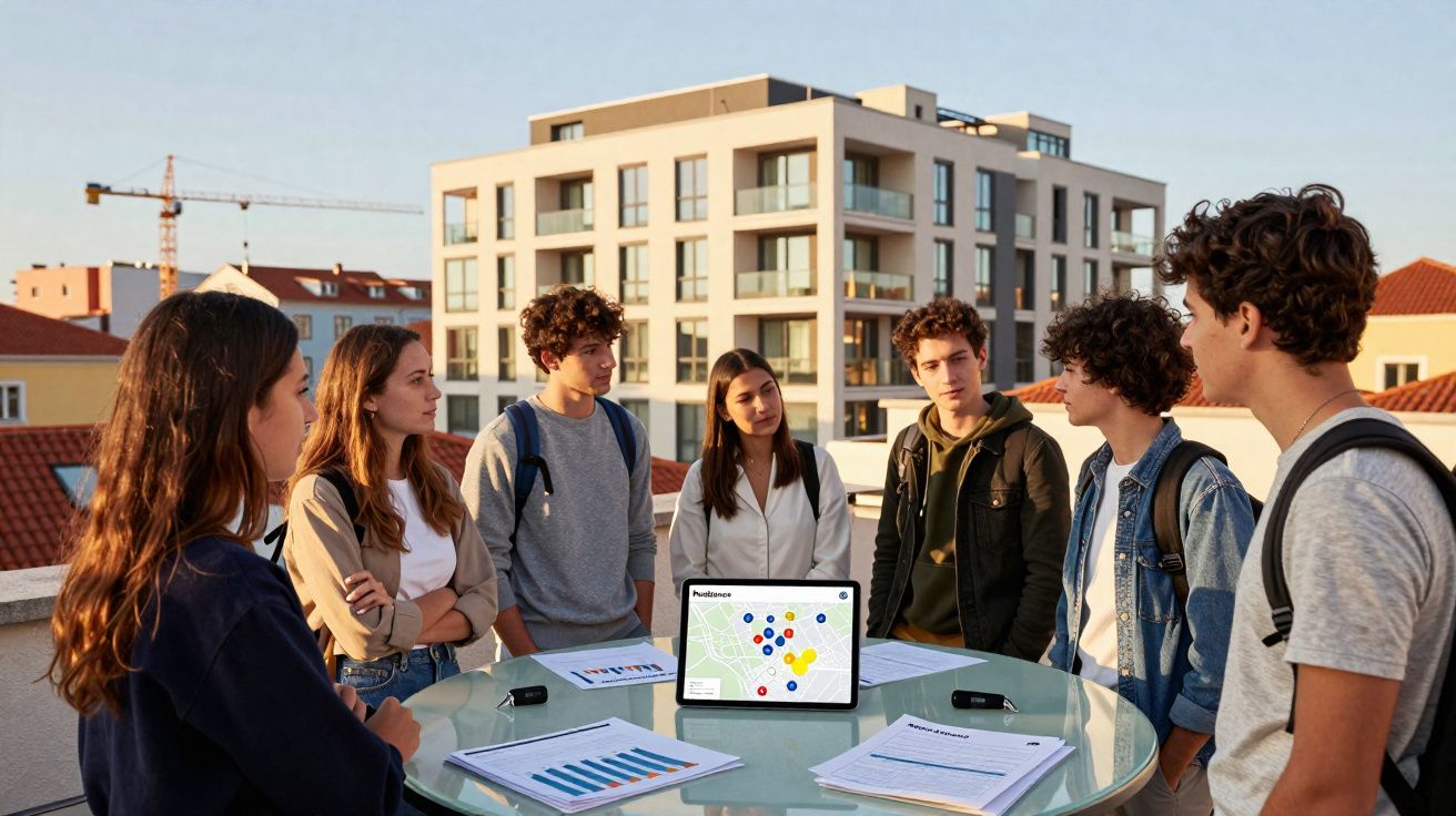 Grupo de jovens em reunião ao ar livre com tablet e gráficos numa mesa redonda num terraço urbano.