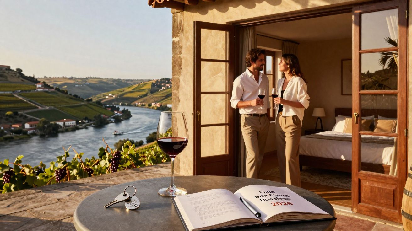 Casal a brindar com vinho numa varanda com vista para vinhas e rio ao pôr do sol.