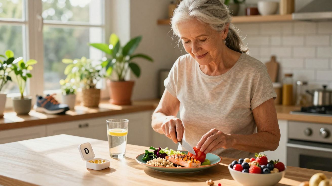 Mulher idosa a preparar refeição saudável com legumes e salmão numa cozinha luminosa.