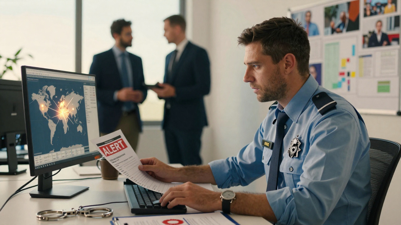 Polícia a analisar alerta de segurança no computador enquanto colegas discutem ao fundo numa sala de operações.