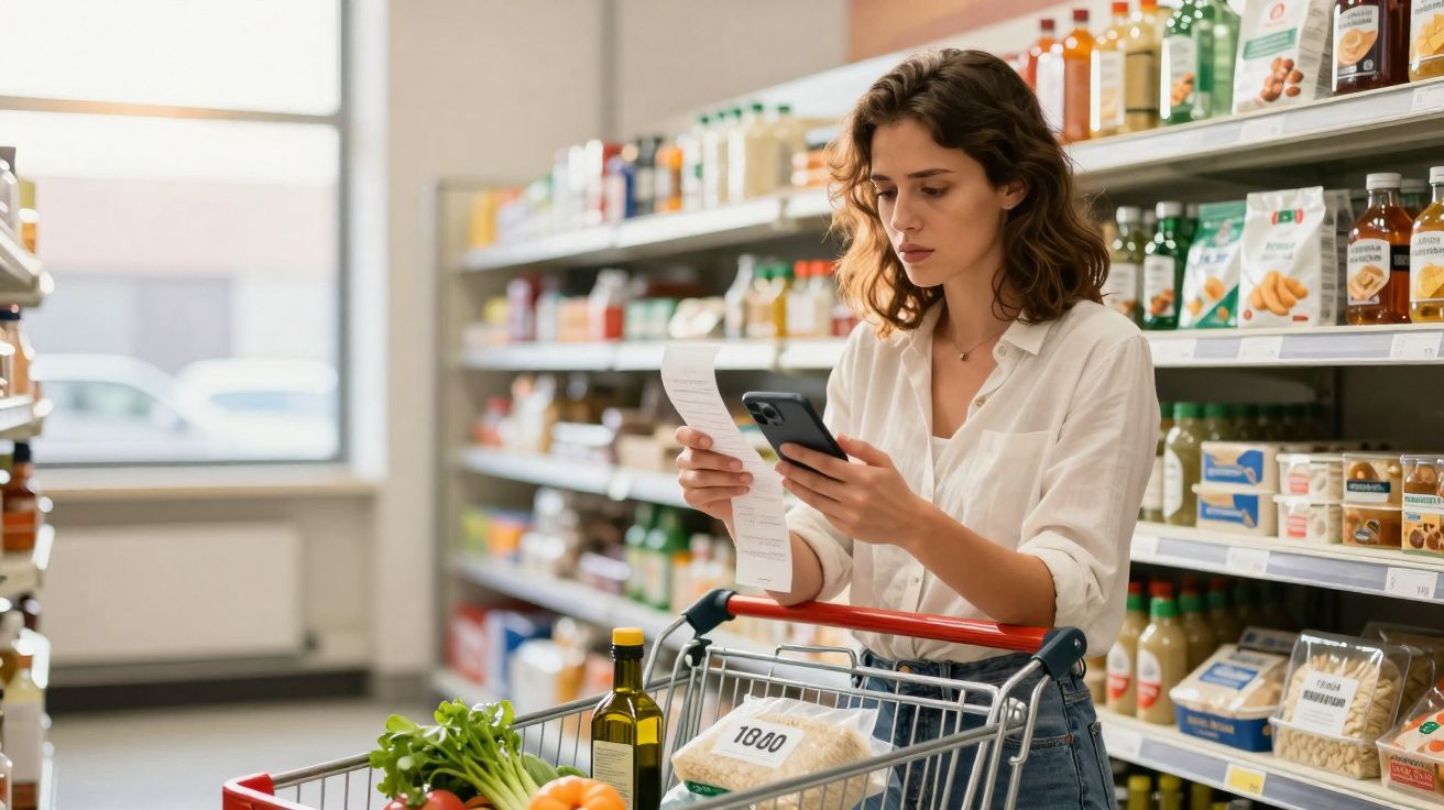 Mulher jovem a segurar lista de compras e telemóvel num supermercado, com carrinho cheio de alimentos.