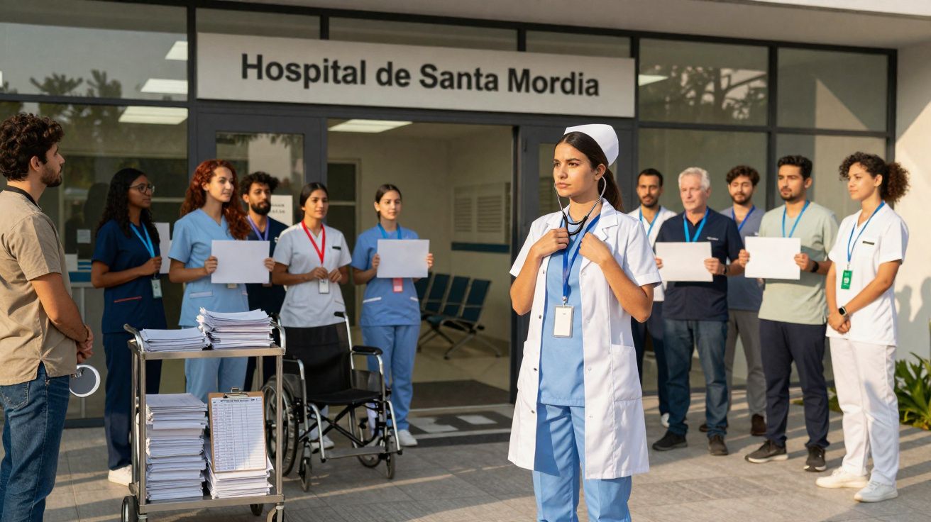 Enfermeira com estetoscópio à porta do Hospital de Santa Mordia, com equipa médica em fundo segurando cartazes.
