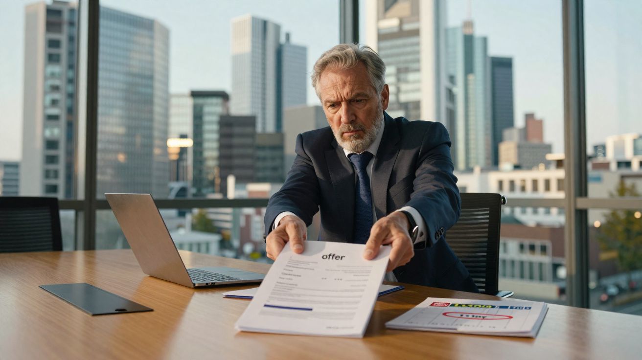 Homem de terno entrega um documento com o título "offer" numa sala de reuniões com vista para prédios urbanos.
