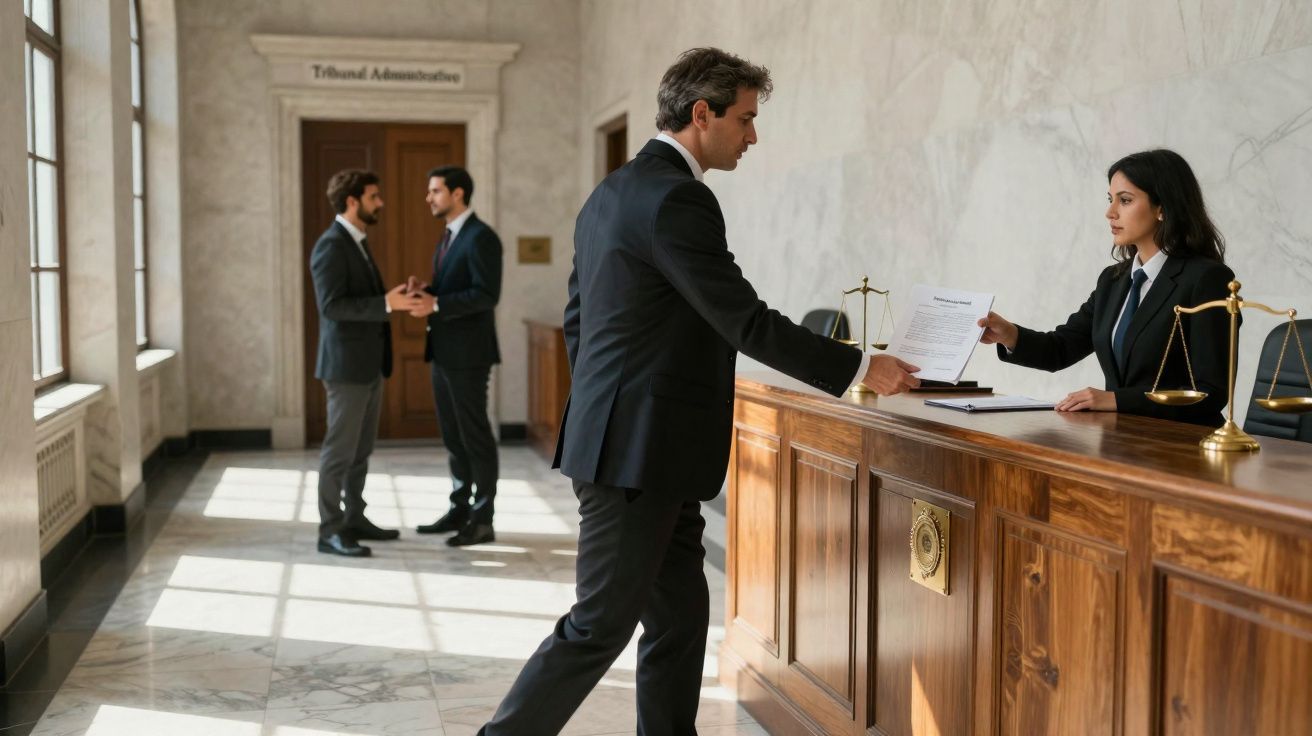 Homem entrega documentos a rececionista numa secretaria de tribunal, com duas pessoas a conversar ao fundo.