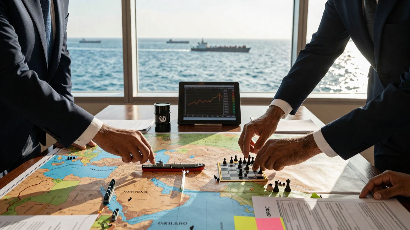 Duas pessoas de fato interagem com miniaturas de navios e peças de xadrez sobre um mapa marítimo junto a gráficos num tablet.