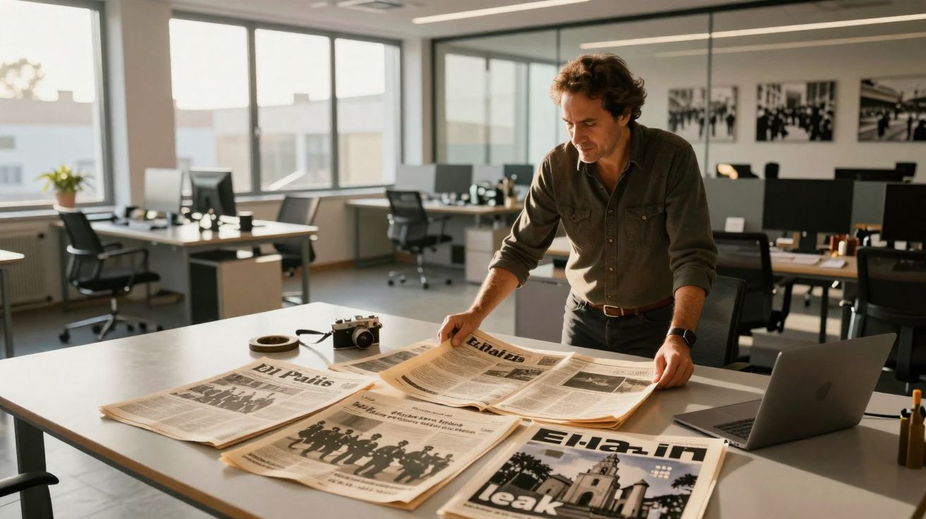 Homem a analisar jornais antigos espalhados numa mesa num escritório moderno com computadores.