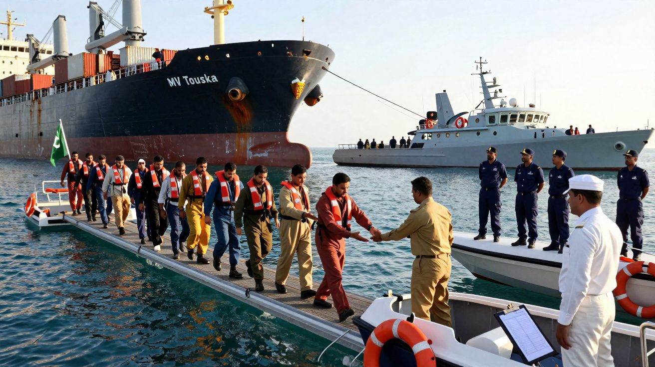Marinheiros desembarcam de navio mercante para barco de patrulha com militares a observar no mar calmo.