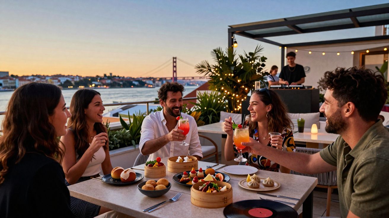 Grupo de amigos a brindar com cocktails num jantar ao ar livre ao pôr do sol com vista para a ponte.