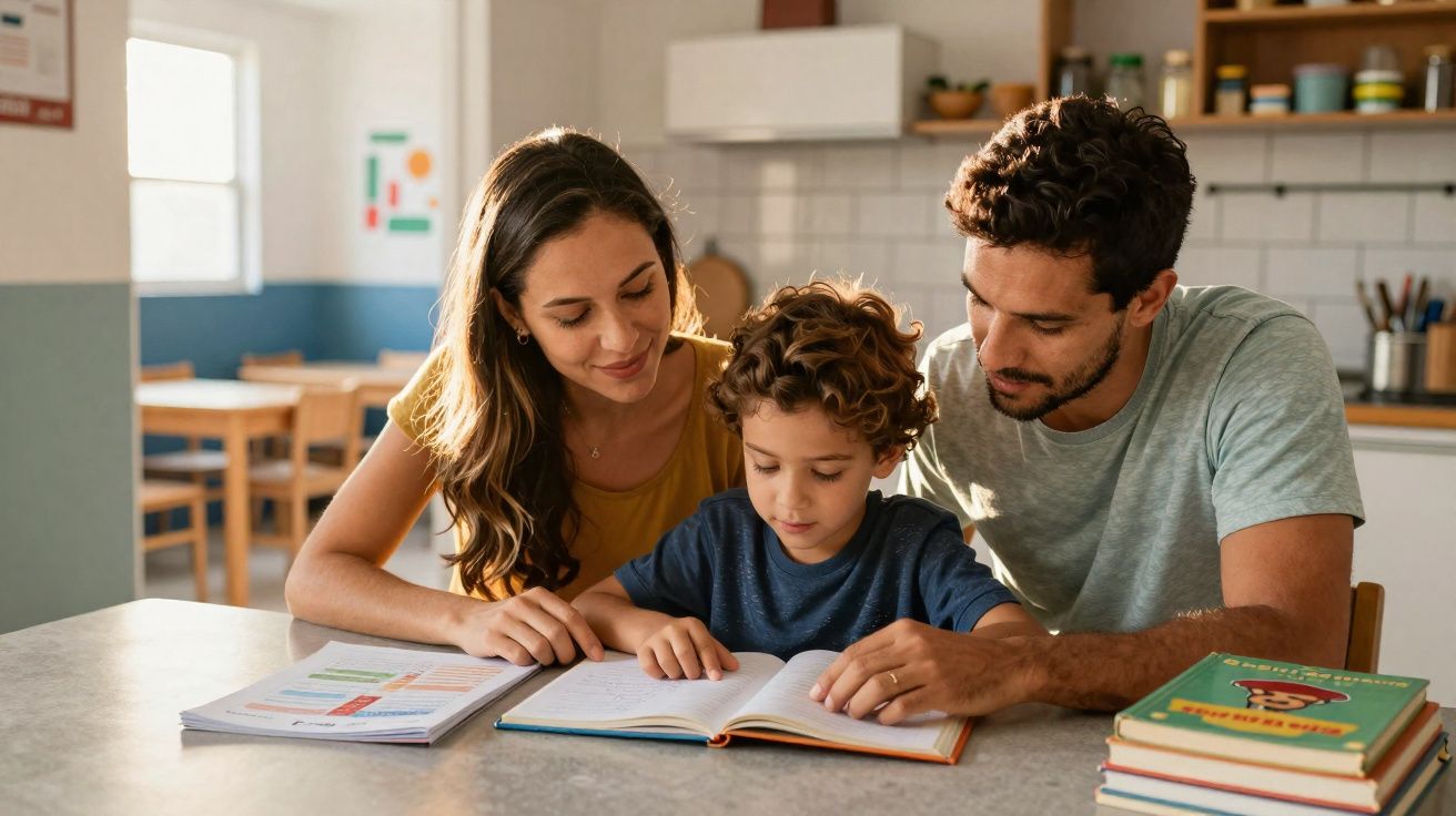Pais ajudam filho a ler livro à mesa, com livros e cadernos ao redor, numa cozinha iluminada.